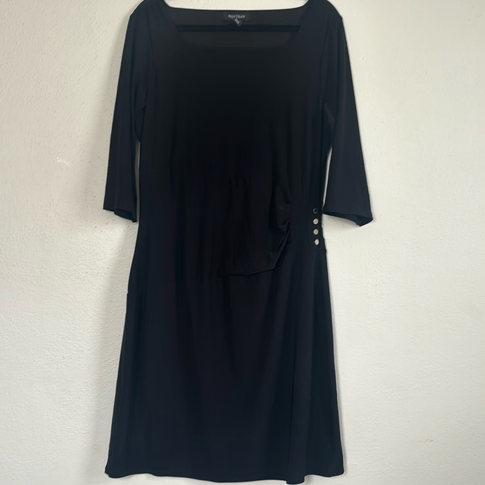 Women’s XL 3/4 sleeve stretch rouched black knee length cinched waist dress